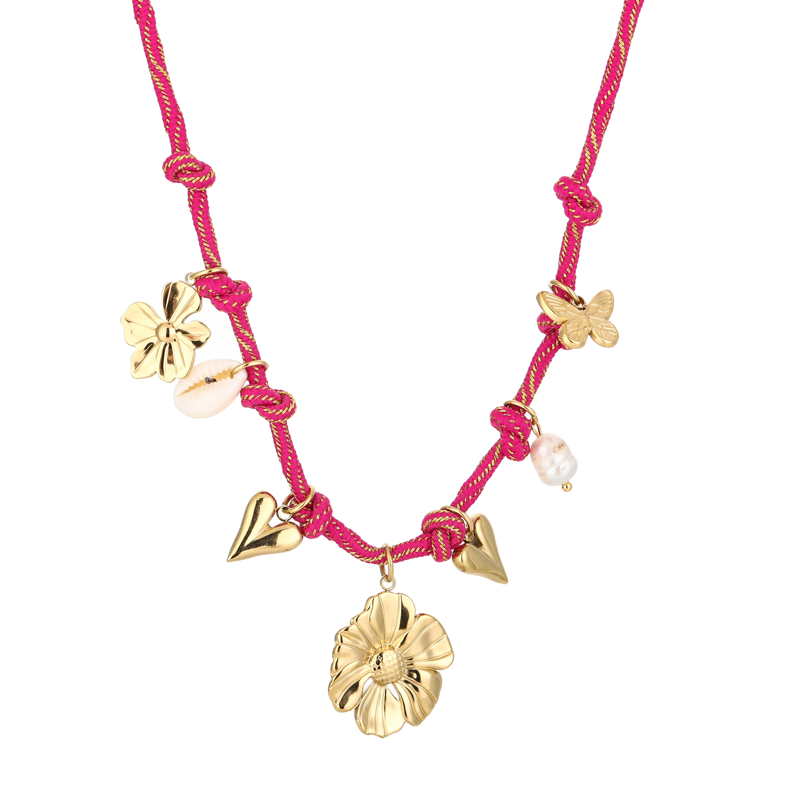Bedelketting touw flower hot pink