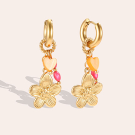 Oorbellen stainless steel goud met bloem en kralen