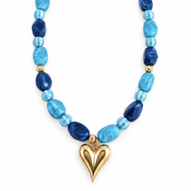 Kralenketting blauw goud hart