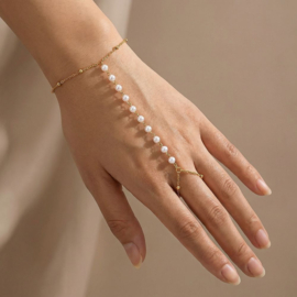 Hand chain armband parels goud stainless steel