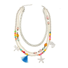 Beach ketting zilver 3 in 1 met bedels en kralen blauw