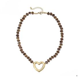Kralen ketting hartjes bruin met goud hart