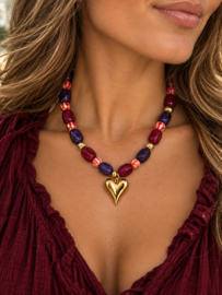 Kralenketting bordeaux goud hart