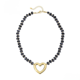 Kralen ketting hartjes zwart met goud hart