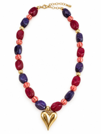 Kralenketting bordeaux goud hart