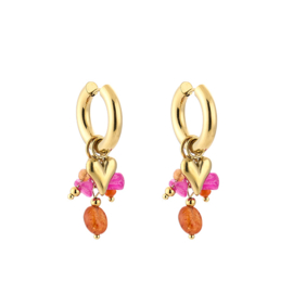 Stainless steel oorbellen goud met hart en roze kralen