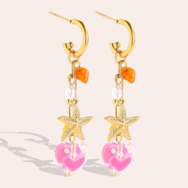 Stainless steel oorbellen goud met kralen en zeester