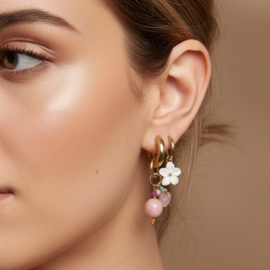 Oorbellen stainless steel goud met roze kraal