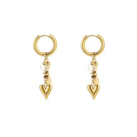 Stainless steel oorbellen goud met hart en beige kralen