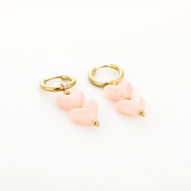 Stainless steel oorbellen goud met hartjes roze