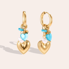 Oorbellen stainless steel goud met hartjes blauw