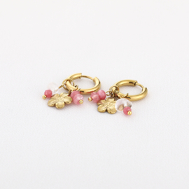Oorbellen stainless steel goud met bloem en kralen roze