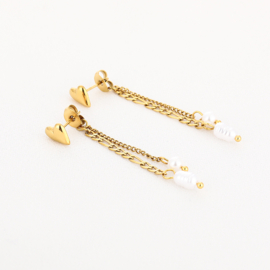 Oorknopjes stainless steel goud met bedel hart en parel