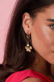 Stainless steel oorbellen goud met kralen en bloem bruin