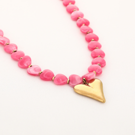 Ketting met kralen fushia en goud hartje