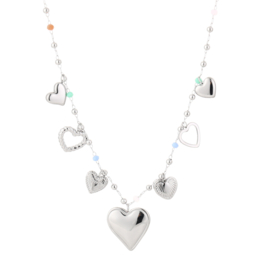 Stainless steel ketting met hartjes bedels zilver