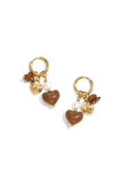 Oorbellen stainless steel goud met kralen bruin hartje