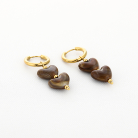 Oorbellen stainless steel goud met kralen en bedels najaar hart bruin