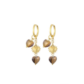Oorbellen stainless steel goud met kralen en bedels najaar hart bruin