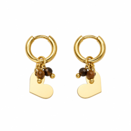 Oorbellen stainless steel goud met hartje en kralen bruin