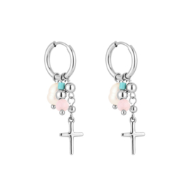 Oorbellen stainless steel in goud en zilver met kruis en kralen