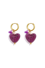 Oorbellen stainless steel goud met bedel hart paars