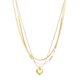 Dubbele ketting met hartje goud en roze kralen
