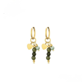 Oorbellen stainless steel goud met kralen en bedels najaar hart groen