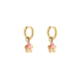 Oorbellen stainless steel goud met bloem en kralen roze