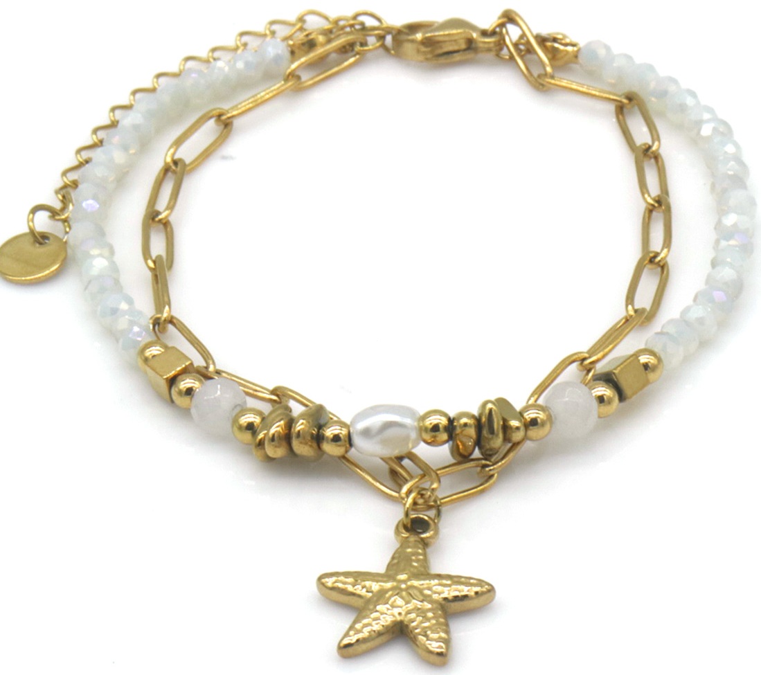 Dubbele armband ster en kralen wit