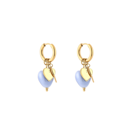 Stainless steel oorbellen goud met hartje kraal blauw