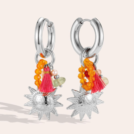 Stainless steel oorbellen zilver met kralen en zon