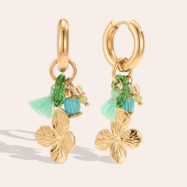 Oorbellen stainless steel goud met bloem groen
