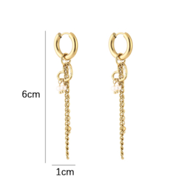 Oorbellen stainless steel goud met hartje en chain