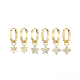 Earparty voor 3 gaatjes goud stainless steel flowers