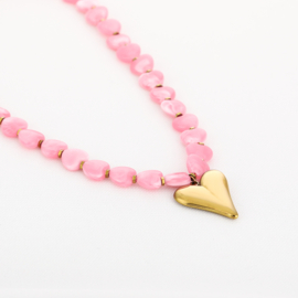 Ketting met kralen roze en goud hartje