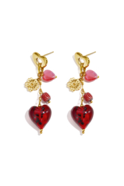 Oorbellen stainless steel goud met bedel hart bordeaux