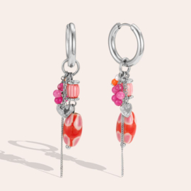 Stainless steel oorbellen zilver met kralen roze