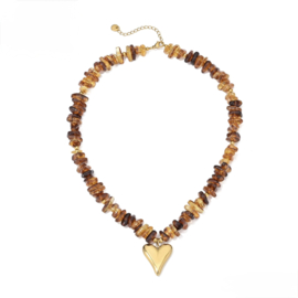 Kralen ketting hartjes bruin met goud hart