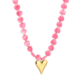 Ketting met kralen fushia en goud hartje