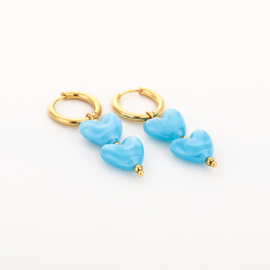 Stainless steel oorbellen goud met hartjes blauw