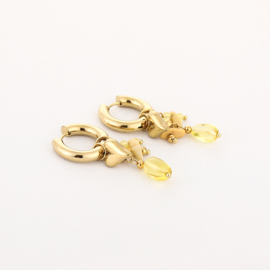 Stainless steel oorbellen goud met hart en gele kralen