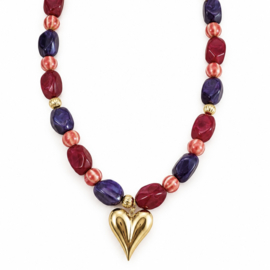 Kralenketting bordeaux goud hart