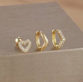 Earparty set voor 3 gaatjes goud  - stainless steel