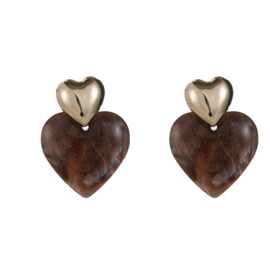 Statement oorbellen goud hart bruin
