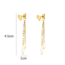 Oorknopjes stainless steel goud met bedel hart en parel