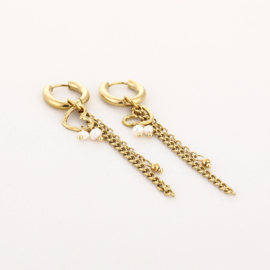 Oorbellen stainless steel goud met hartje en chain