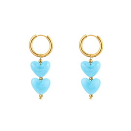 Stainless steel oorbellen goud met hartjes blauw