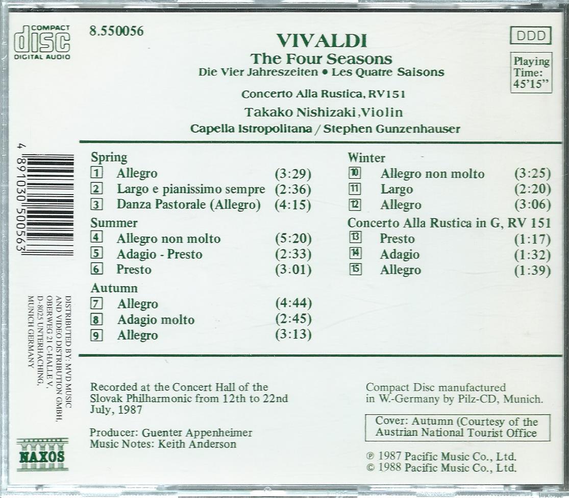 CD – VIVALDI, Takako Nishizaki - The Four Seasons, Concerto Alla Rustica, RV 151 - 1988
