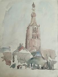 Prent – … (aquarel – kerk) - NN